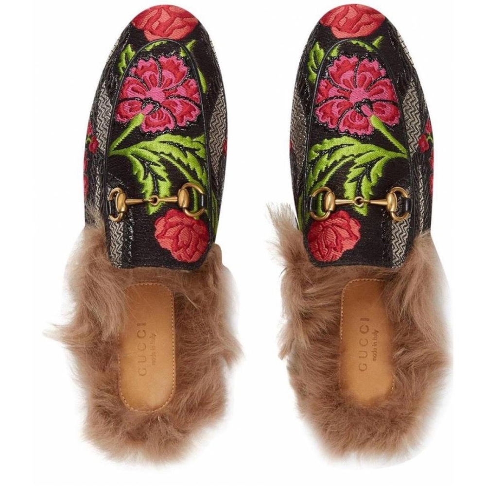 New Gucci Princetown fur Tapestry Brocade Fur Floral slippers flats